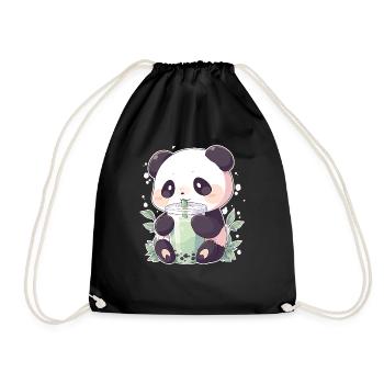 Kawaii Panda trinkt Boba Bubble Tea Chibi - Turnbeutel - Schwarz - Vorne