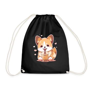 Kawaii Corgi Dog Drinks Boba Bubble Tea Chibi - Drawstring Bag - black - Front