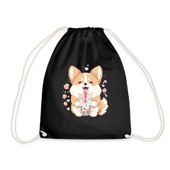 Kawaii Corgi Dog Drinks Boba Bubble Tea Chibi - Drawstring Bag - black - Front