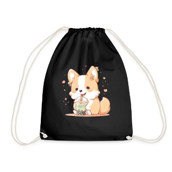 Kawaii Corgi Dog Drinks Boba Bubble Tea Chibi - Drawstring Bag - black - Front