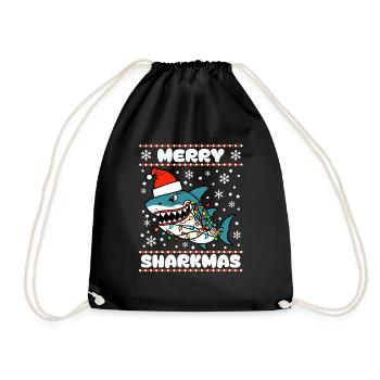 Merry Sharkmas Ugly Christmas Sweater Shark Ocean - Drawstring Bag - black - Front