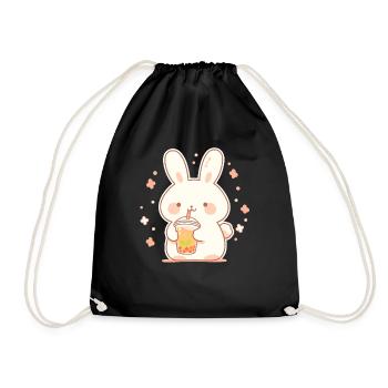 Kawaii Hase trinkt Boba Bubble Tea Chibi - Turnbeutel - Schwarz - Vorne