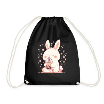 Kawaii Hase trinkt Boba Bubble Tea Chibi - Turnbeutel - Schwarz - Vorne