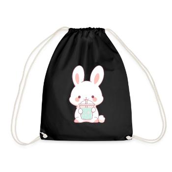 Kawaii Hase trinkt Boba Bubble Tea Chibi - Turnbeutel - Schwarz - Vorne