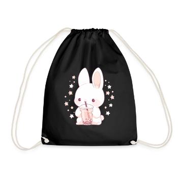 Kawaii Hase trinkt Boba Bubble Tea Chibi - Turnbeutel - Schwarz - Vorne