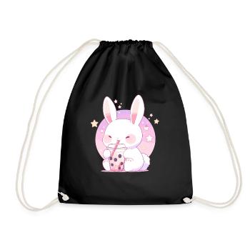 Kawaii Hase trinkt Boba Bubble Tea Chibi - Turnbeutel - Schwarz - Vorne