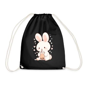 Kawaii Hase trinkt Boba Bubble Tea Chibi - Turnbeutel - Schwarz - Vorne