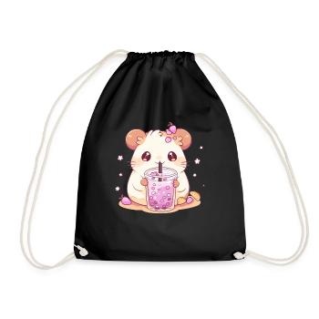 Kawaii Hamster trinkt Boba Bubble Tea Chibi - Turnbeutel - Schwarz - Vorne