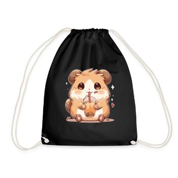 Kawaii Hamster trinkt Boba Bubble Tea Chibi - Turnbeutel - Schwarz - Vorne