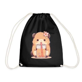 Kawaii Hamster trinkt Boba Bubble Tea Chibi - Turnbeutel - Schwarz - Vorne