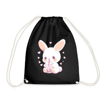 Kawaii Hase trinkt Boba Bubble Tea Chibi - Turnbeutel - Schwarz - Vorne