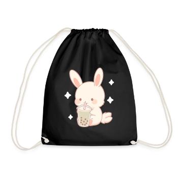Kawaii Hase trinkt Boba Bubble Tea Chibi - Turnbeutel - Schwarz - Vorne