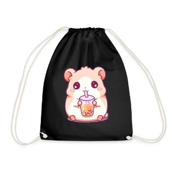 Kawaii Hamster trinkt Boba Bubble Tea Chibi - Turnbeutel - Schwarz - Vorne