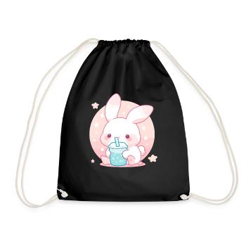Kawaii Hase trinkt Boba Bubble Tea Chibi - Turnbeutel - Schwarz - Vorne