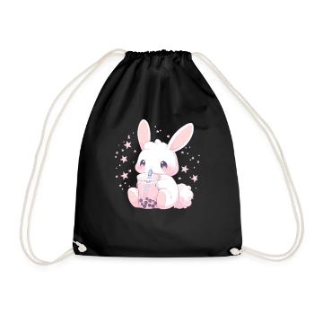 Kawaii Hase trinkt Boba Bubble Tea Chibi - Turnbeutel - Schwarz - Vorne
