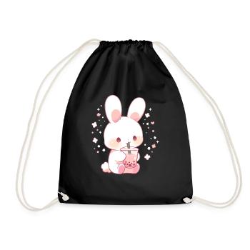 Kawaii Hase trinkt Boba Bubble Tea Chibi - Turnbeutel - Schwarz - Vorne