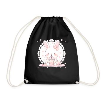 Kawaii Hase trinkt Boba Bubble Tea Chibi - Turnbeutel - Schwarz - Vorne