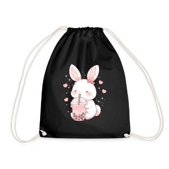 Kawaii Hase trinkt Boba Bubble Tea Chibi - Turnbeutel - Schwarz - Vorne