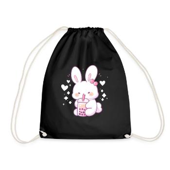 Kawaii Hase trinkt Boba Bubble Tea Chibi - Turnbeutel - Schwarz - Vorne