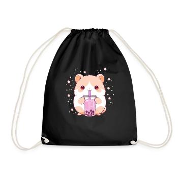 Kawaii Hamster trinkt Boba Bubble Tea Chibi - Turnbeutel - Schwarz - Vorne
