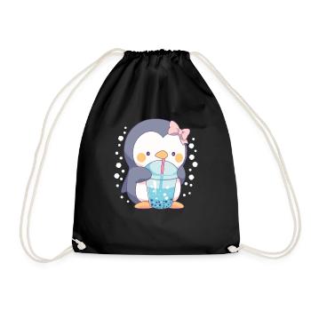 Kawaii Penguin Drinks Boba Bubble Tea Chibi - Drawstring Bag - black - Front