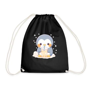 Kawaii Penguin Drinks Boba Bubble Tea Chibi - Drawstring Bag - black - Front