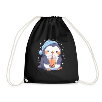 Kawaii Penguin Drinks Boba Bubble Tea Chibi - Drawstring Bag - black - Front