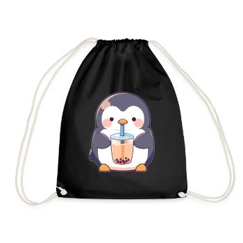 Kawaii Penguin Drinks Boba Bubble Tea Chibi - Drawstring Bag - black - Front