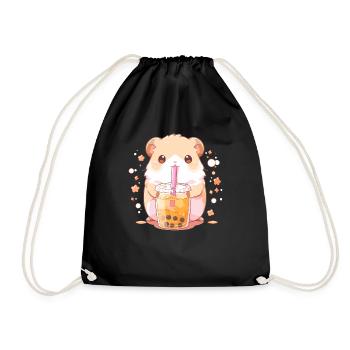 Kawaii Hamster trinkt Boba Bubble Tea Chibi - Turnbeutel - Schwarz - Vorne