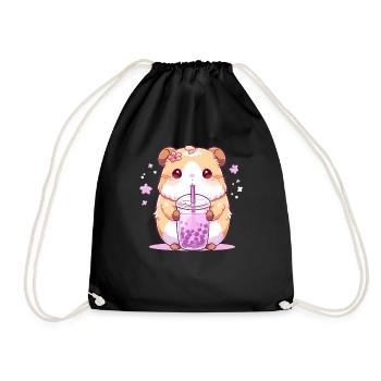 Kawaii Hamster trinkt Boba Bubble Tea Chibi - Turnbeutel - Schwarz - Vorne