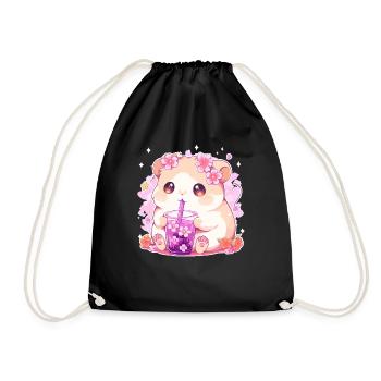 Kawaii Hamster trinkt Boba Bubble Tea Chibi - Turnbeutel - Schwarz - Vorne