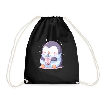 Kawaii Penguin Drinks Boba Bubble Tea Chibi - Drawstring Bag - black - Front