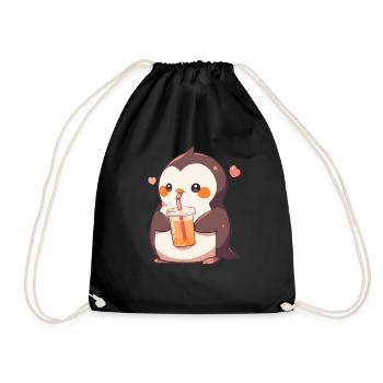 Kawaii Pinguin trinkt Boba Bubble Tea Chibi - Turnbeutel - Schwarz - Vorne