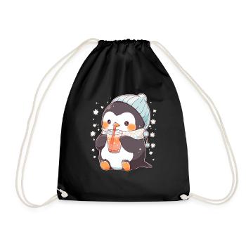Kawaii Penguin Drinks Boba Bubble Tea Chibi - Drawstring Bag - black - Front