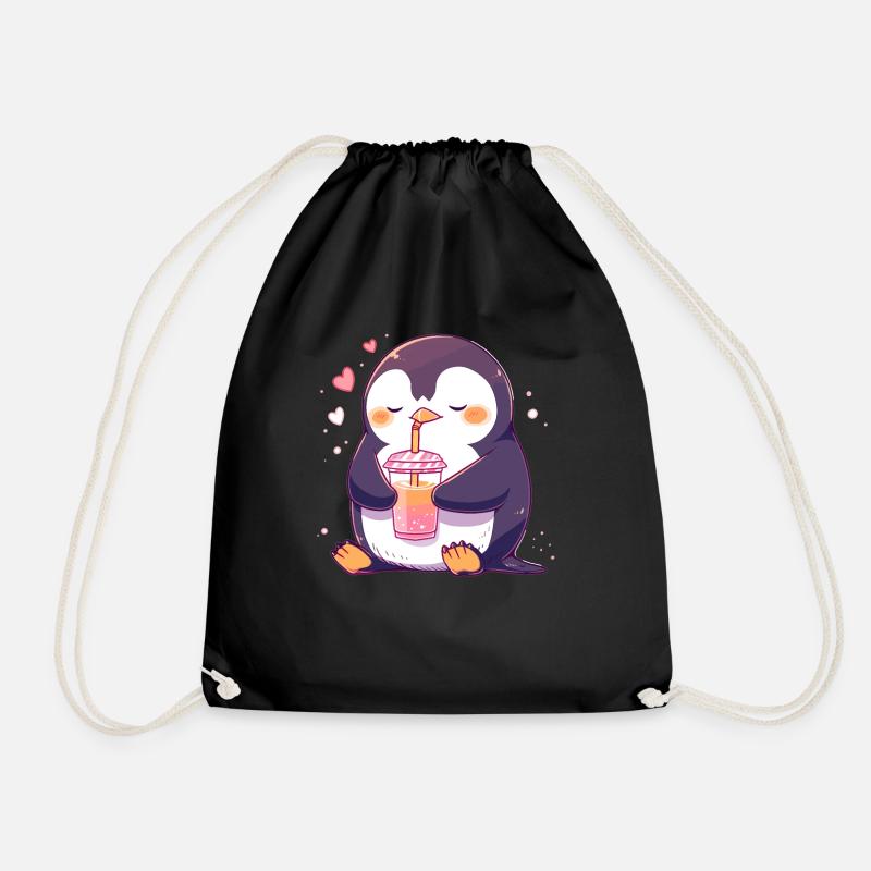Kawaii Pinguin trinkt Boba Bubble Tea Chibi - Turnbeutel - Schwarz