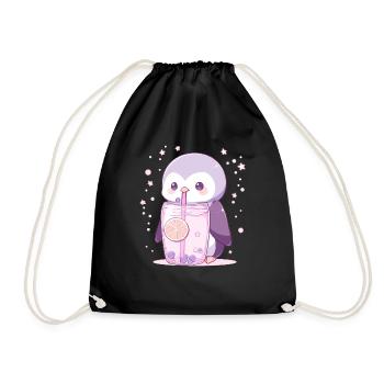 Kawaii Penguin Drinks Boba Bubble Tea Chibi - Drawstring Bag - black - Front