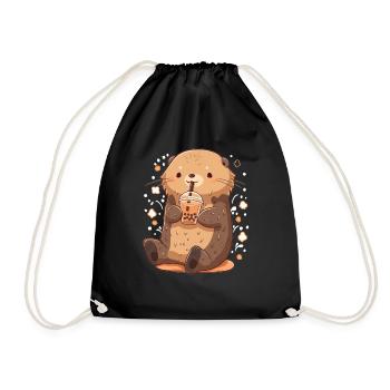 Kawaii Otter trinkt Boba Bubble Tea Chibi - Turnbeutel - Schwarz - Vorne