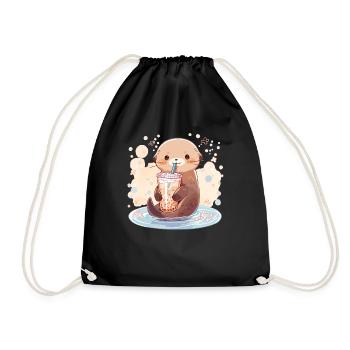 Kawaii Otter trinkt Boba Bubble Tea Chibi - Turnbeutel - Schwarz - Vorne