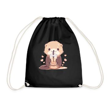 Kawaii Otter trinkt Boba Bubble Tea Chibi - Turnbeutel - Schwarz - Vorne