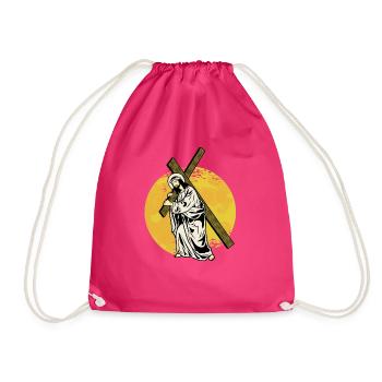 And he went out, bearing his own cross - Drawstring Bag - fuchsia - Front