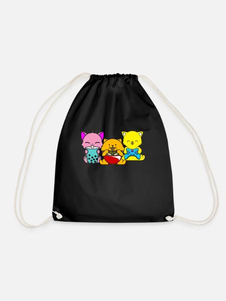 Cat Boba Tea Bubble Tea Gaming Gamer Ramen Anime - Drawstring Bag - black