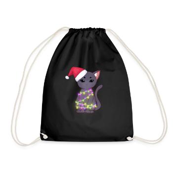 Niedliche schwarze Katze mit Weihnachtsmütze, Weihnachtslichter - Turnbeutel - Schwarz - Vorne