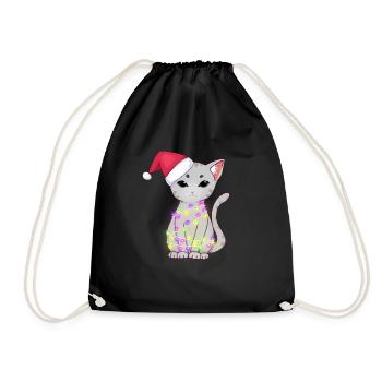 Chat gris mignon avec des lumières de Noël, chapeau de père Noël - Sac de sport léger - noir - Devant