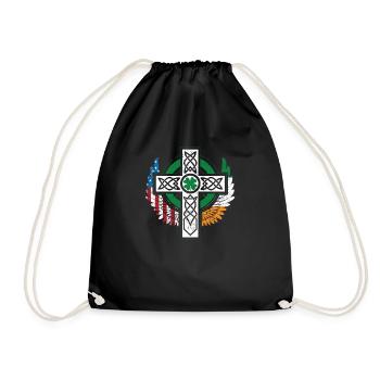 Irish, American, USA, Flag, Celtic Cross - Drawstring Bag - black - Front