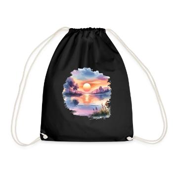 Calm lake at sunset in water color - Drawstring Bag - black - Front