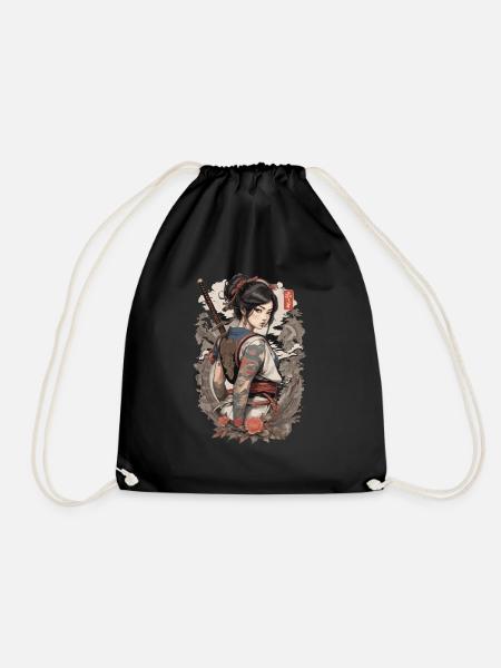 Japanese samurai ninja woman - Drawstring Bag - black