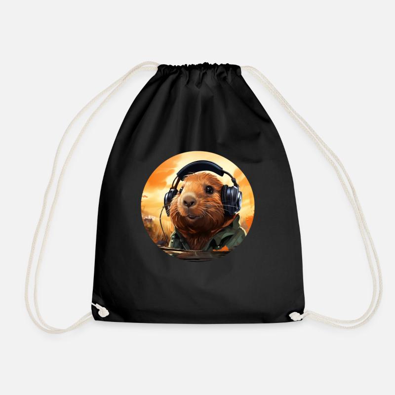 Lustiges Capybara, Wasserschwein mit Kopfhörer - Turnbeutel - Schwarz