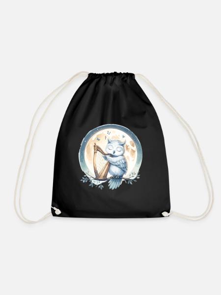 Owl playing harp in the moonlight - Drawstring Bag - black