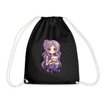 Kawaii Girl Anime Manga Fille et chat - Sac de sport léger - noir - Devant