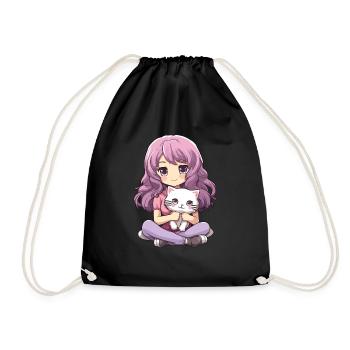 Kawaii Girl Anime Manga Fille et chat - Sac de sport léger - noir - Devant
